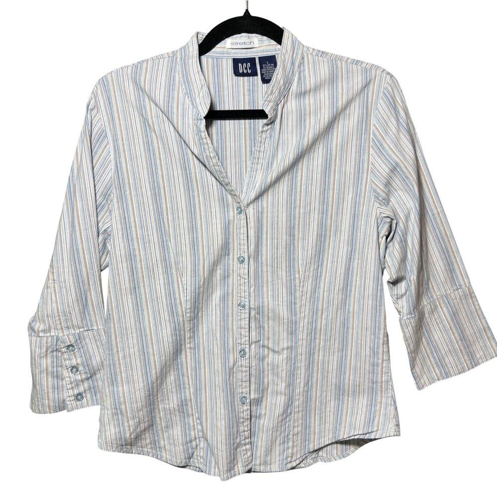 DCC Striped Button Front Shirt Stretch Cotton 3/4 Sleeve Blouse Size L‎